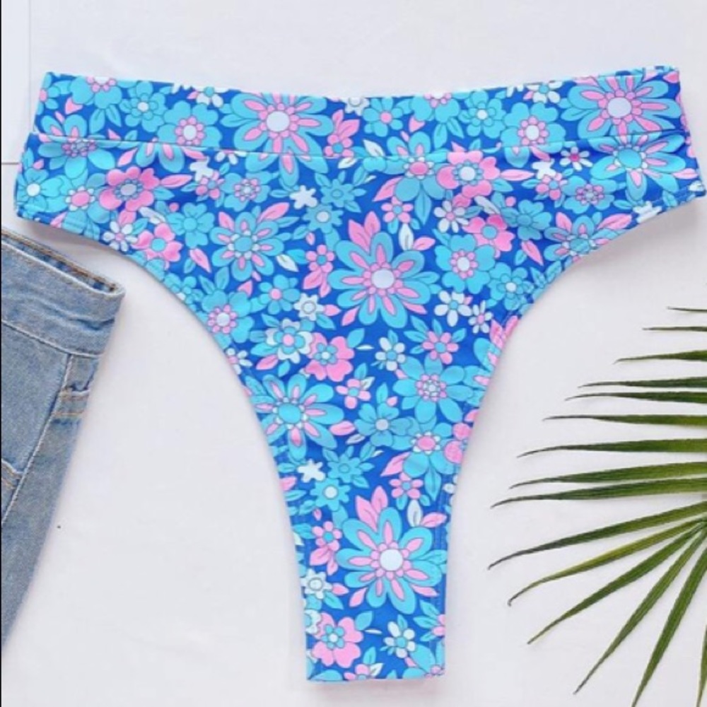 Blue Pink Boho Floral High Waist Lined Cheeky Bikini New - Picture 6 of 16
